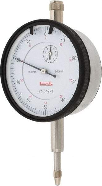 SPI - 10mm Range, 0-100 Dial Reading, 0.01mm Graduation Dial Drop Indicator - 58mm Dial, 1mm Range per Revolution, 0.02mm Accuracy, Revolution Counter, Includes NIST Traceability Certification - Makers Industrial Supply