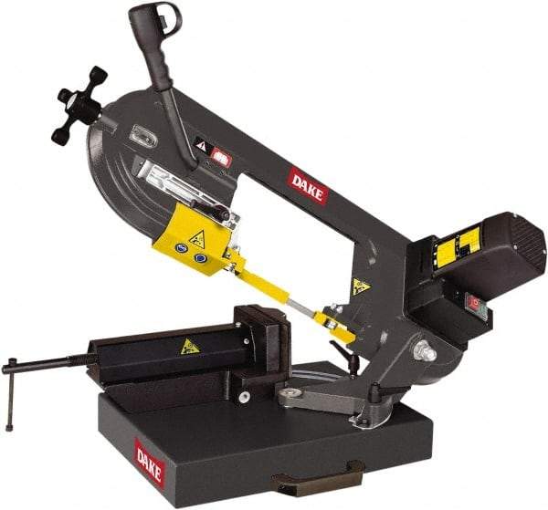 Dake - 8 x 5" Max Capacity, Manual Geared Head Horizontal Bandsaw - 262 & 196 SFPM Blade Speed, 110 Volts, 45°, 2 hp, 1 Phase - Makers Industrial Supply