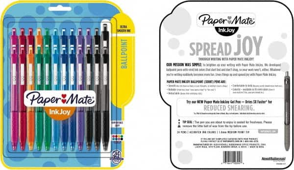 Paper Mate - 1mm Ball Point Retractable Ball Point Pen - Pink, Red, Orange, Green, Turquoise, Blue, Purple & Black - Makers Industrial Supply