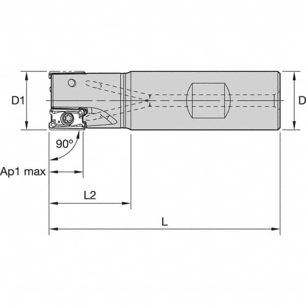 Kennametal - 1" Cut Diam, 11mm Max Depth of Cut, 1" Shank Diam, 4.03" OAL, Indexable Square Shoulder End Mill - LNGU110408SRGE Inserts, Weldon Shank, 0° Lead Angle, Through Coolant, Series Mill 4-11 - Makers Industrial Supply