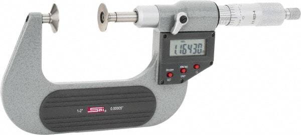 SPI - 1 to 2", IP54, Ratchet Stop Thimble, Electronic Disc Micrometer - 0.0002" Accuracy, 0.79" Disc, 0.00005" Resolution, 0.31" Spindle Diam, Steel Face, NIST Traceability Certification Included - Makers Industrial Supply