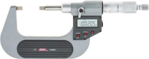 SPI - 25mm to 50mm Electronic Painted Blade Micrometer - 0.003mm Accuracy, 0.75mm Blade Thickness, Ratchet Stop Thimble - Makers Industrial Supply