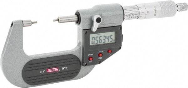 SPI - 0 to 1 Inch, 1.26 Inch Throat Depth, Electronic Spline Micrometer - 0.0001 Inch Accuracy, 0.00005 Inch Graduation, 0.25 Inch Spindle Diameter, 2mm Head Diameter, Ratchet Stop Thimble, Data Output - Makers Industrial Supply