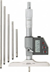 SPI - 0 to 150mm Range, 4" Base Length, 6 Rods, Ratchet Stop Thimble, Electronic Depth Micrometer - IP65, 0.00005" Resolution, Accurate to 0.005mm, 0.176" Rod Diam, LR44 Battery, Data Output - Makers Industrial Supply