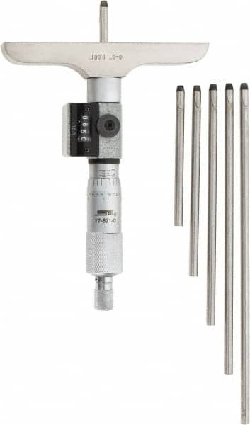 SPI - 0 to 6" Range, 6 Rod, Mechanical Depth Micrometer - Ratchet Stop Thimble, 4" Base Length, 0.001" Graduation, 4.5mm Rod Diam - Makers Industrial Supply