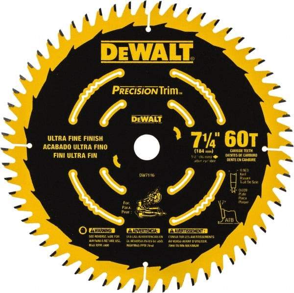 DeWALT - 7-1/4" Diam, 5/8" Arbor Hole Diam, 60 Tooth Wet & Dry Cut Saw Blade - Tungsten Carbide-Tipped, Smooth Action, Standard Round Arbor - Makers Industrial Supply