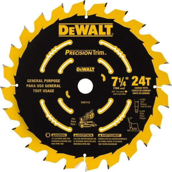 DeWALT - 7-1/4" Diam, 5/8" Arbor Hole Diam, 24 Tooth Wet & Dry Cut Saw Blade - Tungsten Carbide-Tipped, Smooth Action, Standard Round Arbor - Makers Industrial Supply