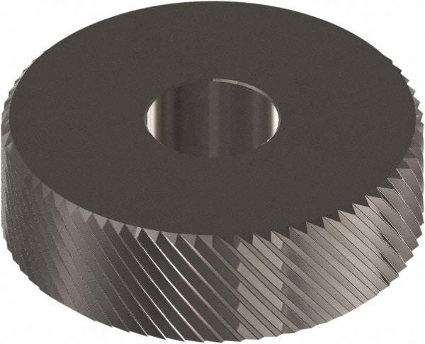 Made in USA - 3/4" Diam, 90° Tooth Angle, 20 TPI, Beveled Face, Form Type Cobalt Left-Hand Diagonal Knurl Wheel - 3/8" Face Width, 1/4" Hole, Circular Pitch, 30° Helix, Ferritic Nitrocarburizing Finish, Series KP - Exact Industrial Supply