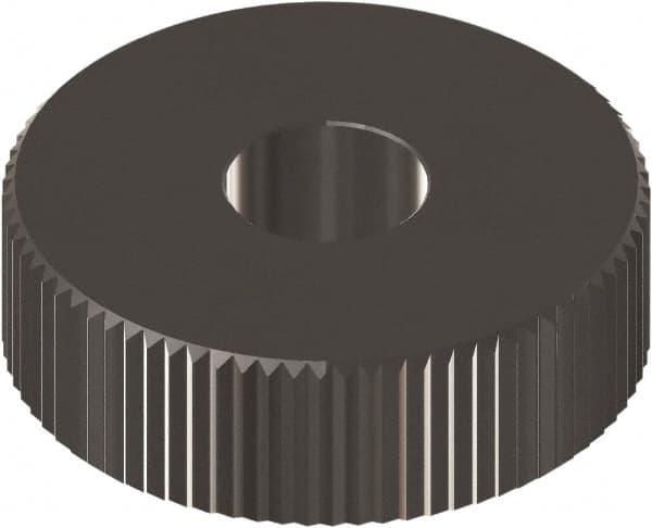 Made in USA - 5/8" Diam, 90° Tooth Angle, 20 TPI, Beveled Face, Form Type Cobalt Straight Knurl Wheel - 1/4" Face Width, 1/4" Hole, Circular Pitch, 0° Helix, Ferritic Nitrocarburizing Finish, Series GK - Exact Industrial Supply