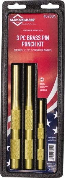 Mayhew - 3 Piece, 1/4 to 1/2", Pin Punch Set - Round Shank, Brass, Comes in Plastic Tray - Makers Industrial Supply