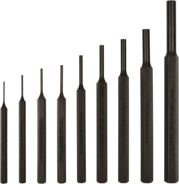 Mayhew - 9 Piece, 1.5 to 10mm, Pin Punch Set - Hex Shank, Steel, Comes in Kit Bag - Makers Industrial Supply