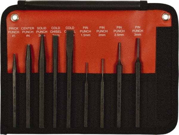 Mayhew - 9 Piece, 9/32 to 5/32", Pin Punch Set - Hex Shank, Steel, Comes in Kit Bag - Makers Industrial Supply