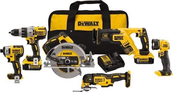 DeWALT - 20 Volt Cordless Tool Combination Kit - Includes 1/2" Brushless Hammerdrill, 1/4" Brushless Impact Driver, Brushless Reciprocating Saw, 7-1/2" Brushless Circular Saw, Oscillating Tool & LED Worklight, Lithium-Ion Battery Included - Makers Industrial Supply