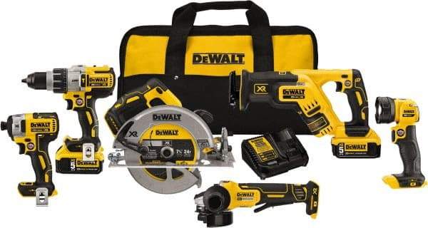 DeWALT - 20 Volt Cordless Tool Combination Kit - Includes 1/2" Brushless Hammerdrill, 1/4" Brushless Impact Driver, Brushless Reciprocating Saw, 7-1/2" Brushless Circular Saw, Cut-Off Tool/Grinder & LED Worklight, Lithium-Ion Battery Included - Makers Industrial Supply