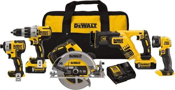 DeWALT - 20 Volt Cordless Tool Combination Kit - Includes 1/2" Brushless Hammerdrill, 1/4" Brushless Impact Driver, Brushless Reciprocating Saw, 7-1/2" Brushless Circular Saw & LED Worklight, Lithium-Ion Battery Included - Makers Industrial Supply