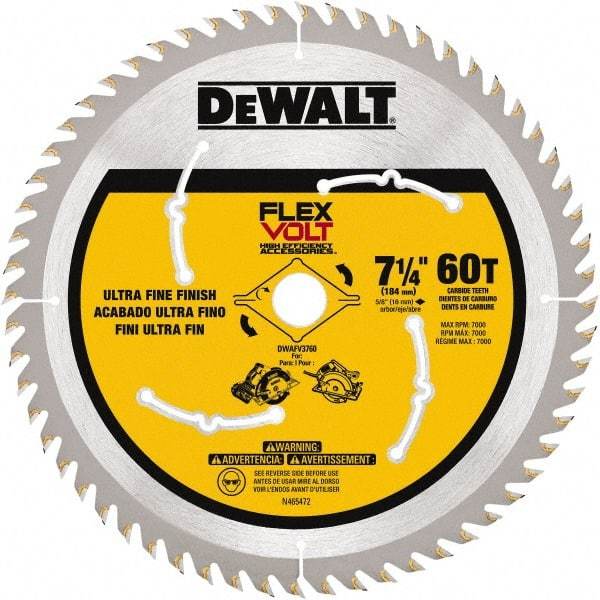 DeWALT - 7-1/4" Diam, 15.88mm Arbor Hole Diam, 60 Tooth Wet & Dry Cut Saw Blade - Steel, Smooth Action, Standard Round Arbor - Makers Industrial Supply