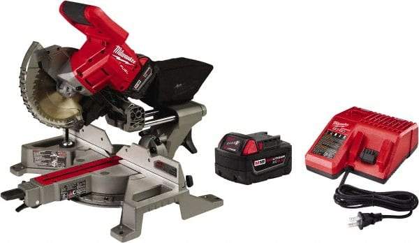 Milwaukee Tool - 5 Amp, 18 Volt, 5,000 RPM, 49° Left & Right Double Bevel Sliding Miter Saw - 5/8" Arbor, 7-1/4" Blade Diam, Includes Blade Wrench, Blade, Battery Pack & Battery Charger - Makers Industrial Supply