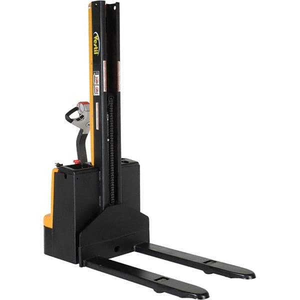 Vestil - 2,200 Lb Capacity, 62" Lift Height, Battery Powered Stacker - 3-3/8" Lowered Height, 42" Fork Length, 32" Overall Width - Makers Industrial Supply