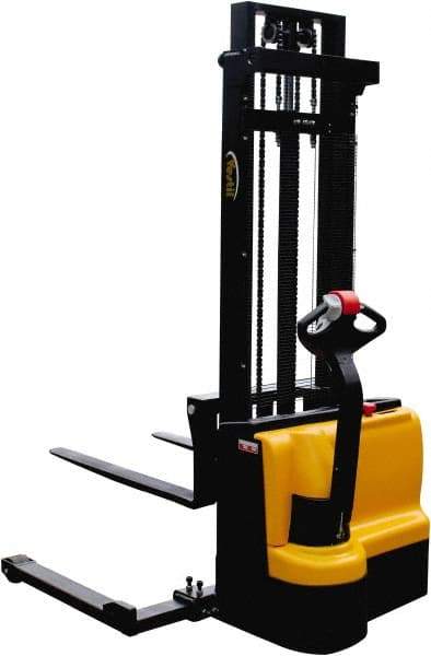 Vestil - 2,200 Lb Capacity, 118" Lift Height, Battery Powered Stacker - 2-1/8" Lowered Height, 42" Fork Length, 50" Overall Width - Makers Industrial Supply