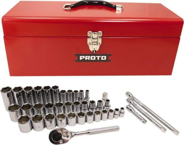 Proto - 39 Piece 3/8" & 1/2" Drive Chrome Finish Deep Well Socket Set - 6 Points, 5/16" to 1" Range, Inch Measurement Standard - Makers Industrial Supply