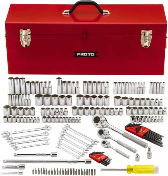 Proto - 184 Piece 1/4", 3/8" & 1/2" Drive Chrome Finish Deep Well Socket Set - 6, 12 Points, 3/16" to 1" (4mm to 22mm) Range, Inch/Metric Measurement Standard - Makers Industrial Supply