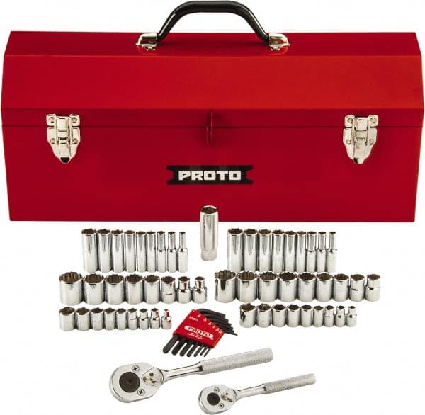 Proto - 63 Piece 1/4" & 3/8" Drive Chrome Finish Deep Well Socket Set - 6, 12 Points, 1/8" to 3/4" (5mm to 18mm) Range, Inch/Metric Measurement Standard - Makers Industrial Supply