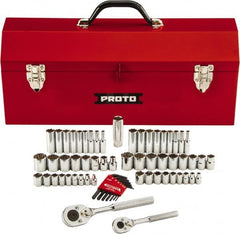 Proto - 63 Piece 1/4" & 3/8" Drive Chrome Finish Deep Well Socket Set - 6, 12 Points, 1/8" to 3/4" (5mm to 18mm) Range, Inch/Metric Measurement Standard - Makers Industrial Supply