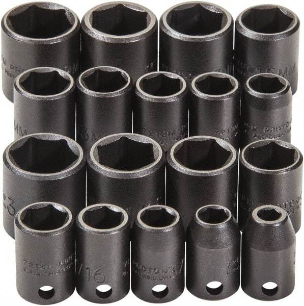 Proto - 18 Piece 3/8" Drive Black Finish Impact Socket Set - 6 Points, 1/4" to 3/4" (10mm to 19mm) Range, Inch/Metric Measurement Standard - Makers Industrial Supply