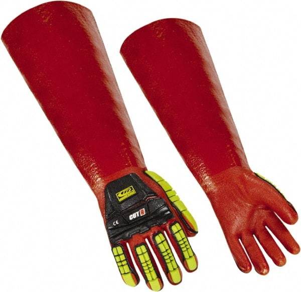 Ringers Gloves - Size S (8), 15" Long, 10 mil Thick, PVC Chemical Resistant Gloves - Textured Finish, KEVLAR Lined, Gauntlet Cuff, ANSI Abrasion Level 4, ANSI Cut Level 3, Hi-Viz Yellow/Red - Makers Industrial Supply