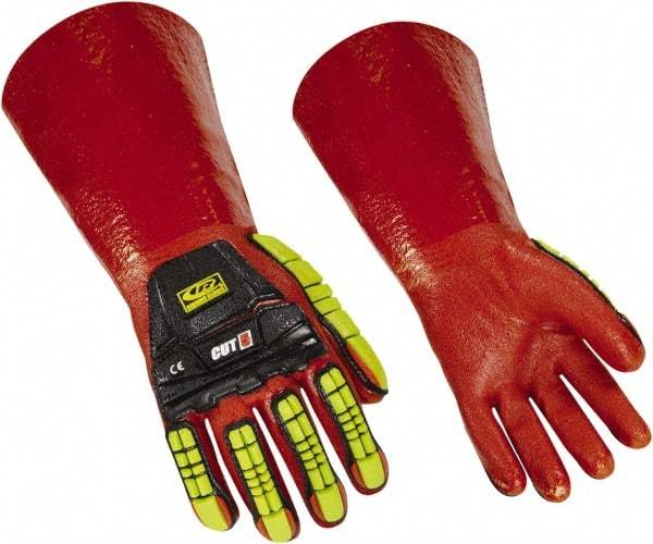 Ringers Gloves - Size M (10), 14" Long, 10 mil Thick, PVC Chemical Resistant Gloves - Textured Finish, KEVLAR Lined, Gauntlet Cuff, ANSI Abrasion Level 4, ANSI Cut Level 3, Hi-Viz Yellow/Red - Makers Industrial Supply