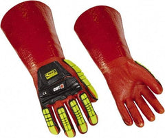 Ringers Gloves - Size XL (12), 14" Long, 10 mil Thick, PVC Chemical Resistant Gloves - Textured Finish, KEVLAR Lined, Gauntlet Cuff, ANSI Abrasion Level 4, ANSI Cut Level 3, Hi-Viz Yellow/Red - Makers Industrial Supply