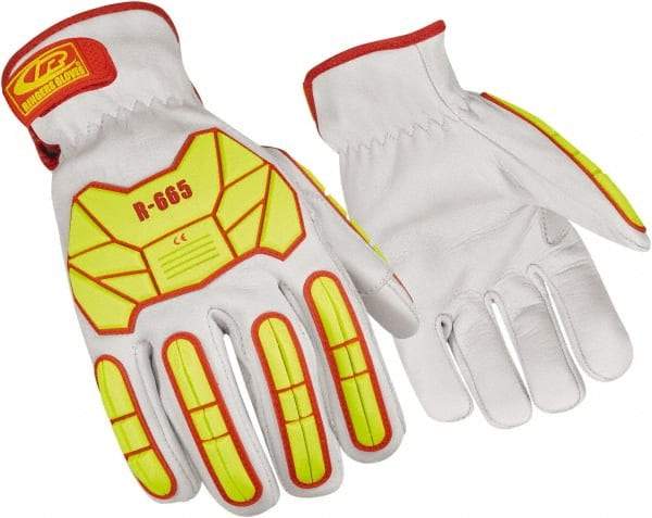 Ringers Gloves - Size 2XL (12), ANSI Cut Lvl 3, Goatskin Leather Cut Resistant Gloves - Hook & Loop Cuff, White/Hi-Vis Yellow, Paired - Makers Industrial Supply