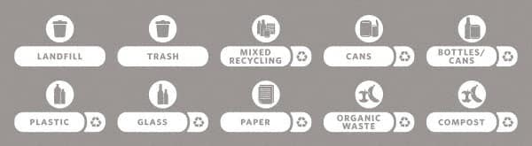 Rubbermaid - Trash Can Decal Message: Landfill, Trash, Mixed Recycling, Cans, Bottles/Cans, Plastic, Glass, Paper, Organic Waste, Compost - English, Text on Color, White, Indoor & Outdoor, Apply to Polypropylene, 8-1/2" Wide - Makers Industrial Supply