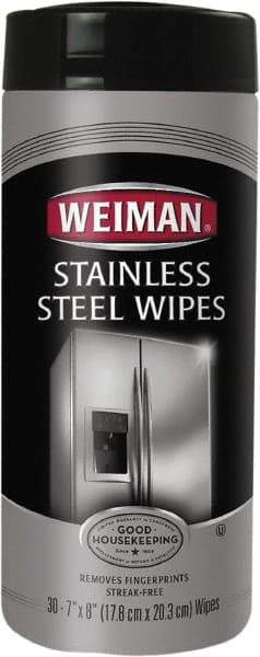 Weiman - Pre-Moistened Stainless Steel Cleaner Wipes - Canister, 8" x 7" Sheet Size, White - Makers Industrial Supply