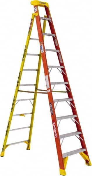 Werner - 9 Steps, 10' High, Type IA Rating, Fiberglass Step Ladder - 300 Lb Load Capacity, 31-13/64" Base Width - Makers Industrial Supply