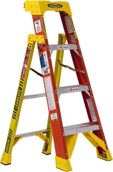 Werner - 3 Steps, 4' High, Type IA Rating, Fiberglass Step Ladder - 300 Lb Load Capacity, 20-13/32" Base Width - Makers Industrial Supply