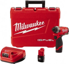 Milwaukee Tool - 1/4" Drive 12 Volt Pistol Grip Cordless Impact Wrench & Ratchet - 3,300 RPM, 0 to 4,000 BPM, 1,300 Ft/Lb Torque, 2 Lithium-Ion Batteries Included - Makers Industrial Supply