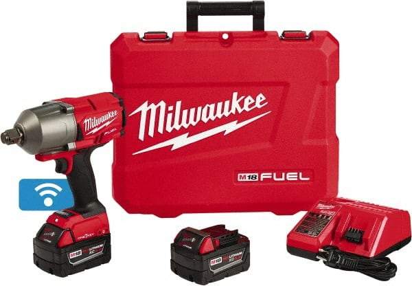 Milwaukee Tool - 3/4" Drive 18 Volt Pistol Grip Cordless Impact Wrench & Ratchet - 1,800 RPM, 0 to 2,400 BPM, 1,500 Ft/Lb Torque, 2 Lithium-Ion Batteries Included - Makers Industrial Supply