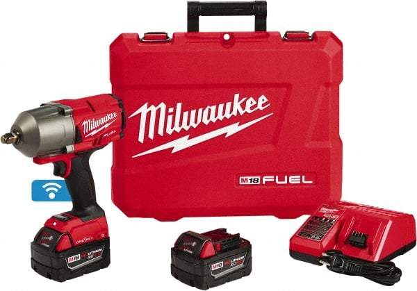 Milwaukee Tool - 1/2" Drive 18 Volt Pistol Grip Cordless Impact Wrench & Ratchet - 1,750 RPM, 0 to 2,100 BPM, 1,400 Ft/Lb Torque, 2 Lithium-Ion Batteries Included - Makers Industrial Supply