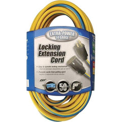 Southwire - 50', 14/3 Gauge/Conductors, Blue & Yellow Locking Extension Cord - 15 Amps, 125 VAC, UL SJTW, NEMA 5-15P - Makers Industrial Supply