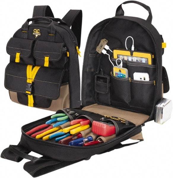 CLC - 23 Pocket Black & Khaki Polyester Backpack Tool Bag - 14" Wide x 6" Deep x 18-3/4" High - Makers Industrial Supply