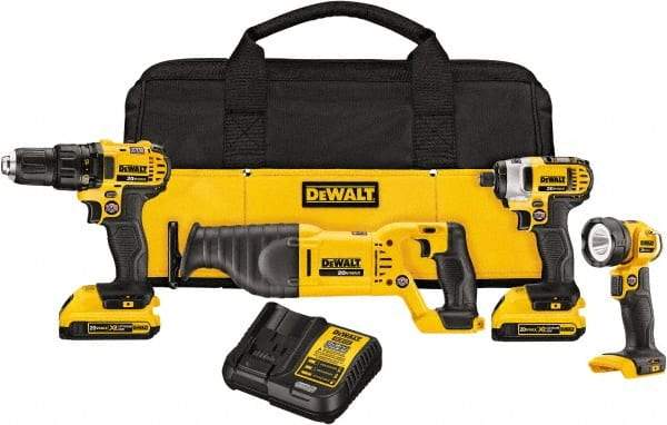 DeWALT - 20 Volt Cordless Tool Combination Kit - Includes 1/2" Drill/Driver, 1/4" Impact Driver, Reciprocating Saw & LED Worklight, Lithium-Ion Battery Included - Makers Industrial Supply