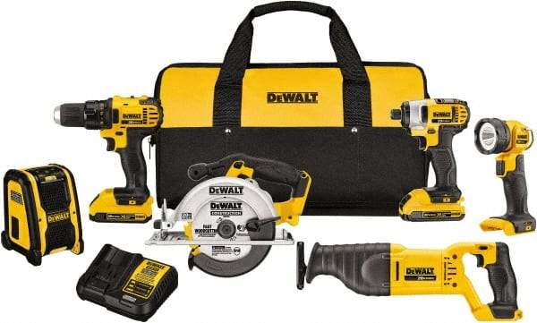 DeWALT - 20 Volt Cordless Tool Combination Kit - Includes 1/2" Compact Drill/Driver, 1/4" Impact Driver, Reciprocating Saw, 6-1/2 Circular Saw, LED Worklight & Bluetooth Speaker, Lithium-Ion Battery Included - Makers Industrial Supply