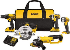 DeWALT - 20 Volt Cordless Tool Combination Kit - Includes 1/2" Compact Drill/Driver, 1/4" Impact Driver, Cut-off Tool/Grinder, 6-1/2 Circular Saw & LED Worklight, Lithium-Ion Battery Included - Makers Industrial Supply