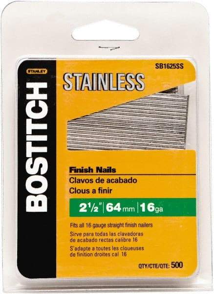 Stanley Bostitch - 16 Gauge 1/16" Shank Diam 2-1/2" Long Finishing Nails for Power Nailers - Stainless Steel, Smooth Shank, Straight Stick Adhesive Collation, Round Head, Chisel Point - Makers Industrial Supply