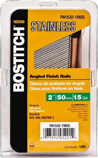 Stanley Bostitch - 15 Gauge 0.07" Shank Diam 1-1/2" Long Finishing Nails for Power Nailers - Stainless Steel, Smooth Shank, Angled Stick Adhesive Collation, Round Head, Chisel Point - Makers Industrial Supply