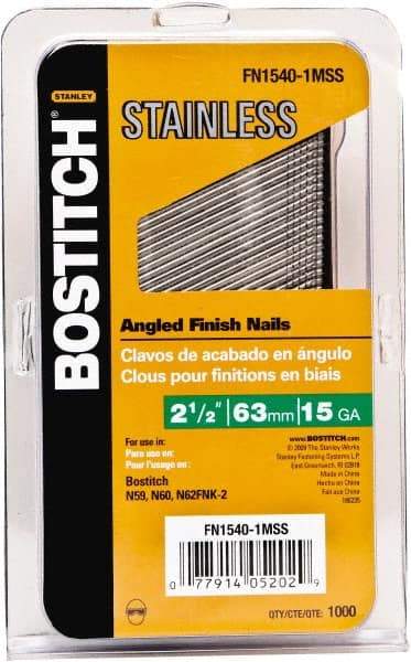 Stanley Bostitch - 15 Gauge 0.07" Shank Diam 2-1/2" Long Finishing Nails for Power Nailers - Stainless Steel, Smooth Shank, Angled Stick Adhesive Collation, Round Head, Chisel Point - Makers Industrial Supply