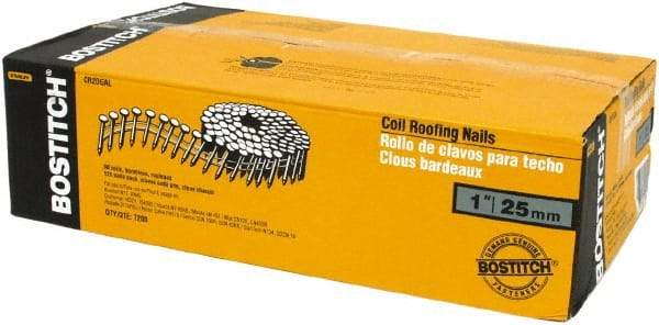 Stanley Bostitch - 13 Gauge 1" Long Roofing Nails for Power Nailers - Steel, Galvanized Finish, Smooth Shank, Coil Wire Collation, Round Head, Diamond Point - Makers Industrial Supply