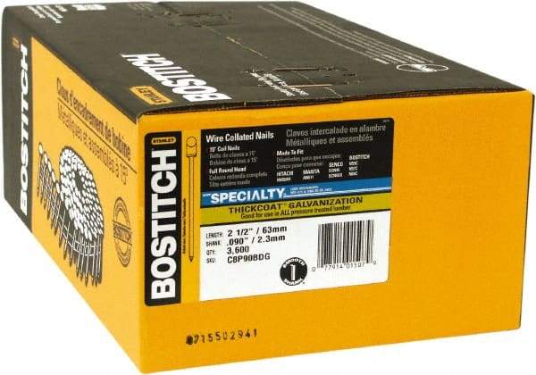 Stanley Bostitch - 13 Gauge 2-1/2" Long Siding Nails for Power Nailers - Steel, Galvanized Finish, Smooth Shank, Coil Wire Collation, Round Head, Blunt Diamond Point - Makers Industrial Supply