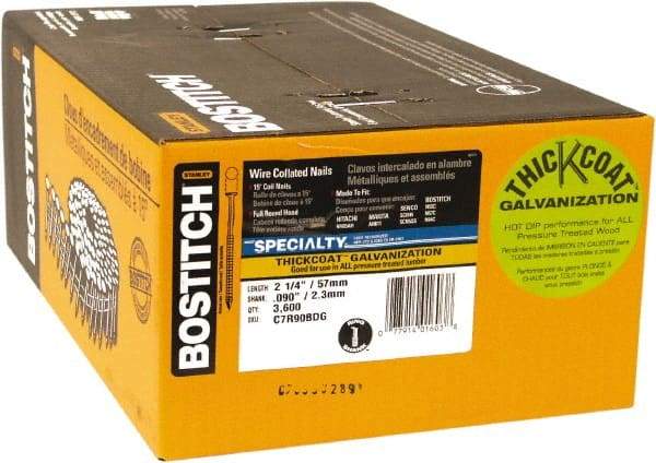 Stanley Bostitch - 13 Gauge 2-3/16" Long Siding Nails for Power Nailers - Steel, Galvanized Finish, Ring Shank, Coil Wire Collation, Round Head, Blunt Diamond Point - Makers Industrial Supply